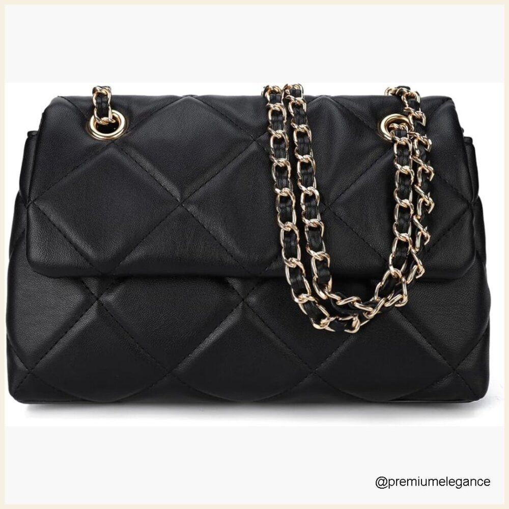 Small Quilted Crossbody Bag with Chain Strap, Faux Leather, 2 Compartments